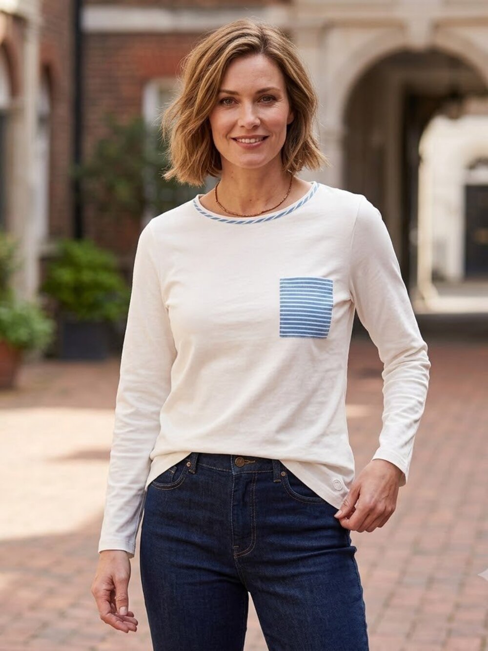 Barbour White Long-Sleeve Tee with Blue Striped Pocket – Nautical Chic, Size 6